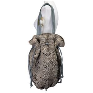 FloraBella Raffia Leather Trim Crochet Bucket Tote Bag Gray Large Beach Resort